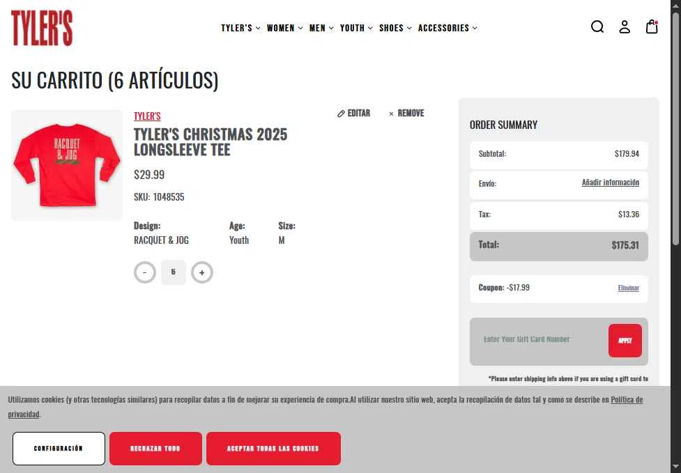 Tylers checkout page showing Tylers coupon code box | Screenshot taken by SimplyCodes community member on Nov 29, 2025