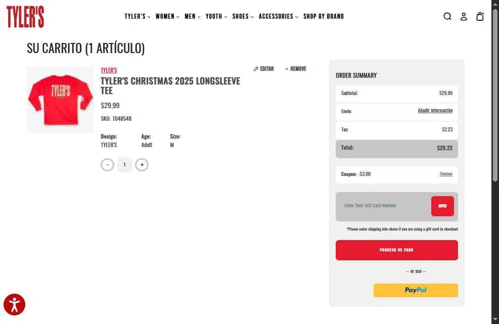 Tylers checkout page showing Tylers coupon code box | Screenshot taken by SimplyCodes community member on Nov 29, 2025