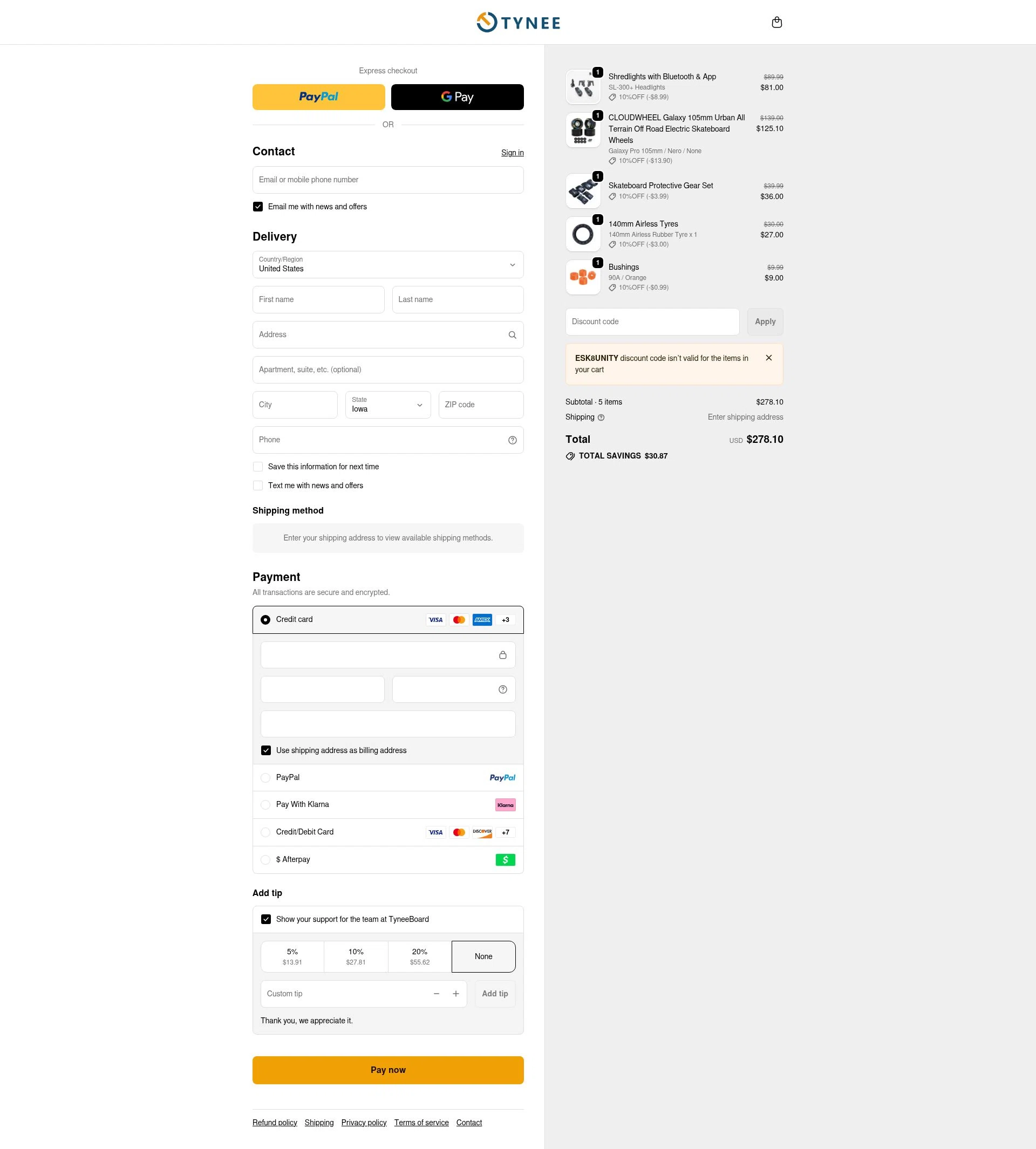 Tynee Board checkout page showing Tynee Board discount code box | Screenshot taken by SimplyCodes community member on Feb 13, 2026