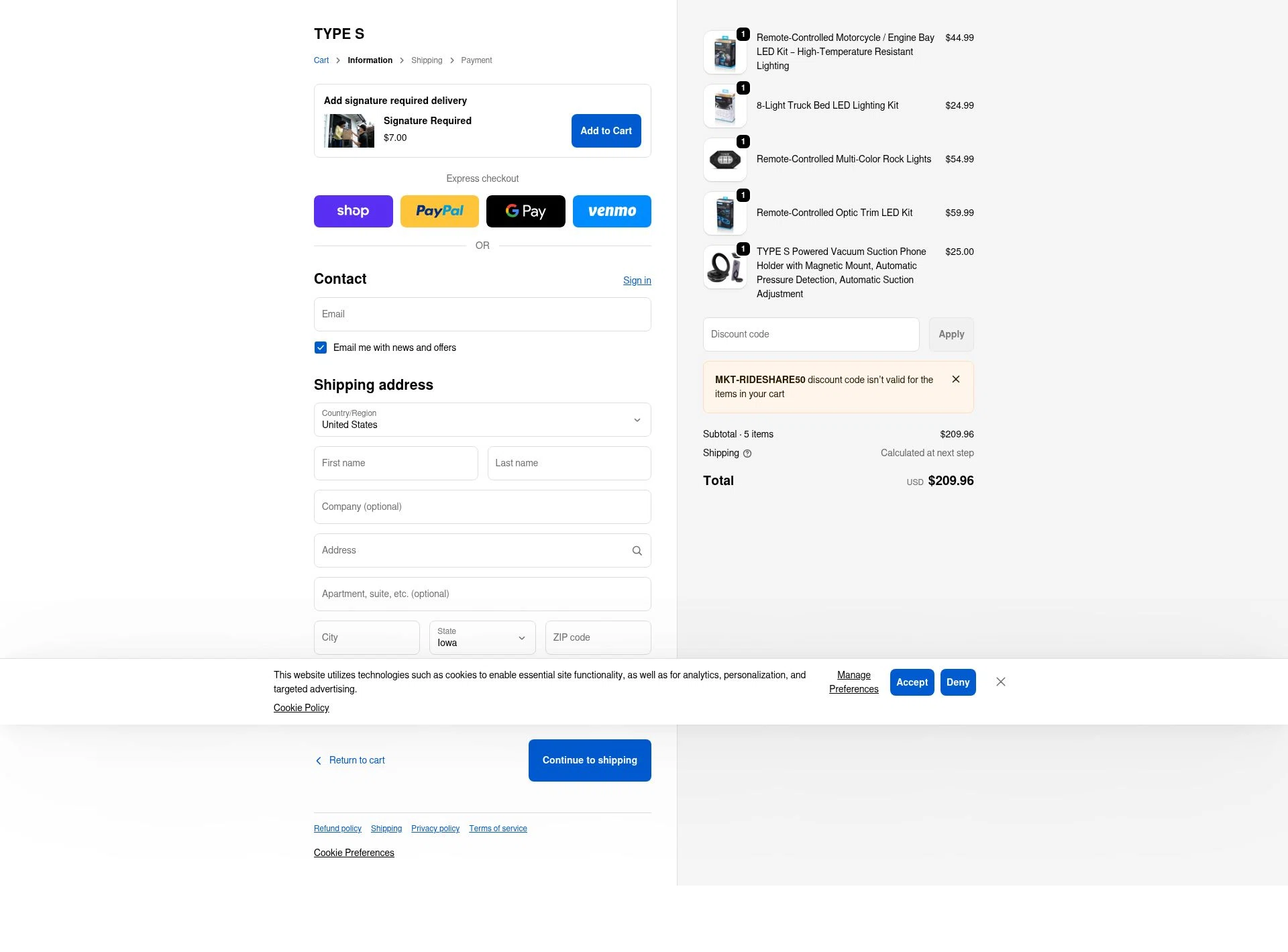 Type S checkout page showing Type S promo code box | Screenshot taken by SimplyCodes community member on Jan 3, 2026
