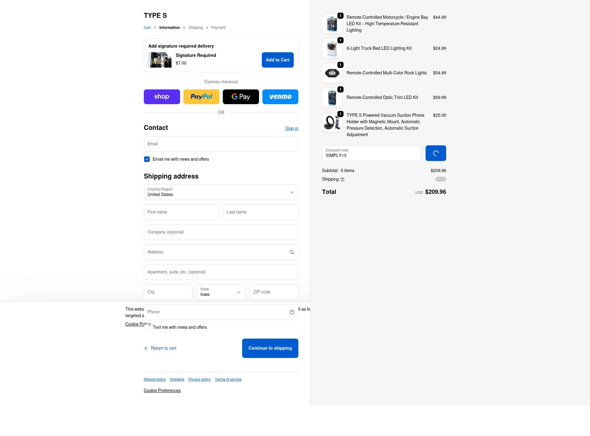 Type S checkout page showing Type S promo code box | Screenshot taken by SimplyCodes community member on Jan 3, 2026