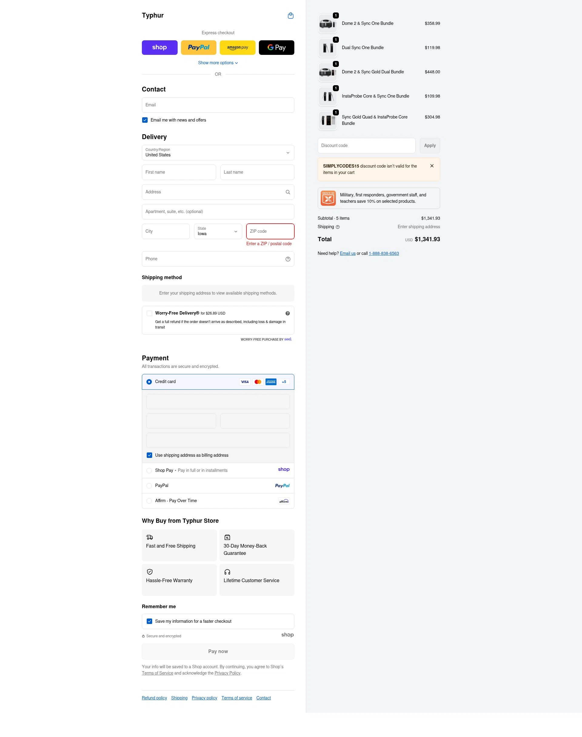 Typhur checkout page showing Typhur discount code box | Screenshot taken by SimplyCodes community member on Dec 29, 2025