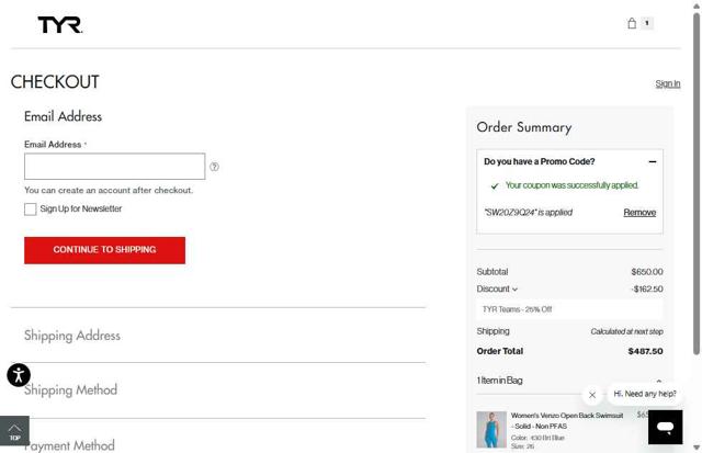 TYR checkout page showing TYR promo code box | Screenshot taken by SimplyCodes community member on Aug 7, 2025