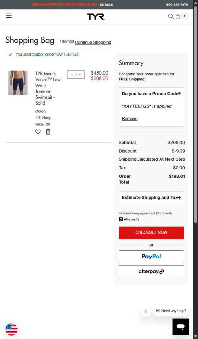 TYR checkout page showing TYR promo code box | Screenshot taken by SimplyCodes community member on Sep 5, 2025