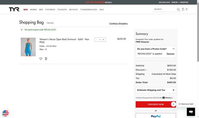 TYR checkout page showing TYR promo code box | Screenshot taken by SimplyCodes community member on Aug 7, 2025