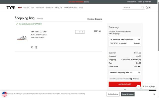 TYR checkout page showing TYR promo code box | Screenshot taken by SimplyCodes community member on Sep 3, 2025