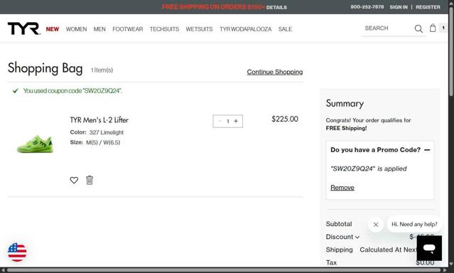 TYR checkout page showing TYR promo code box | Screenshot taken by SimplyCodes community member on Aug 30, 2025