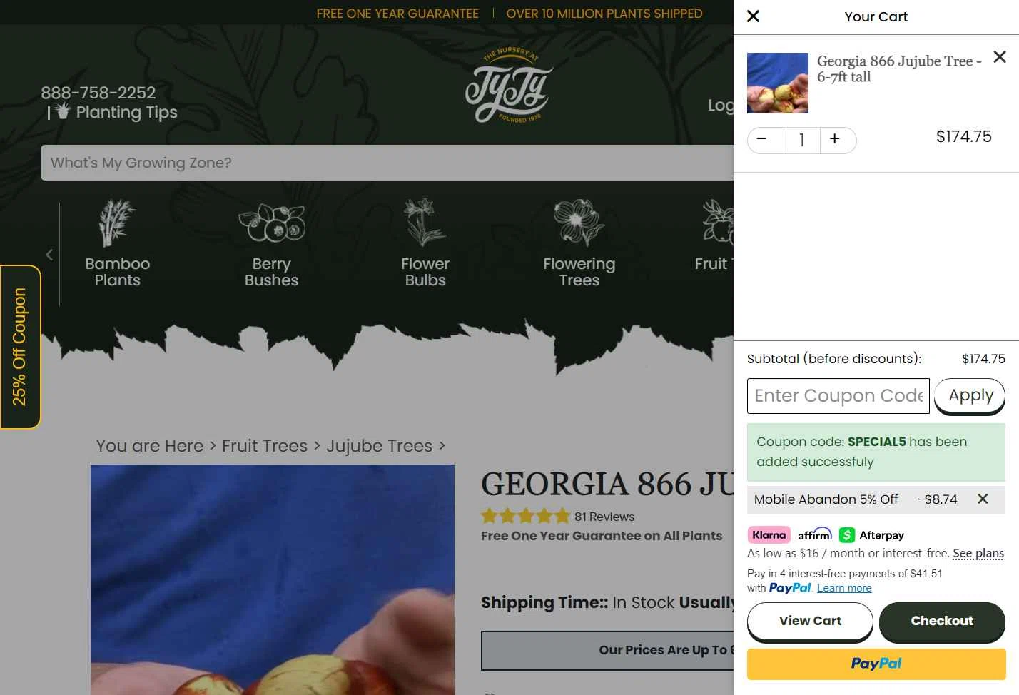 Ty Ty Nursery checkout page showing Ty Ty Nursery coupon code box | Screenshot taken by SimplyCodes community member on Jan 27, 2026