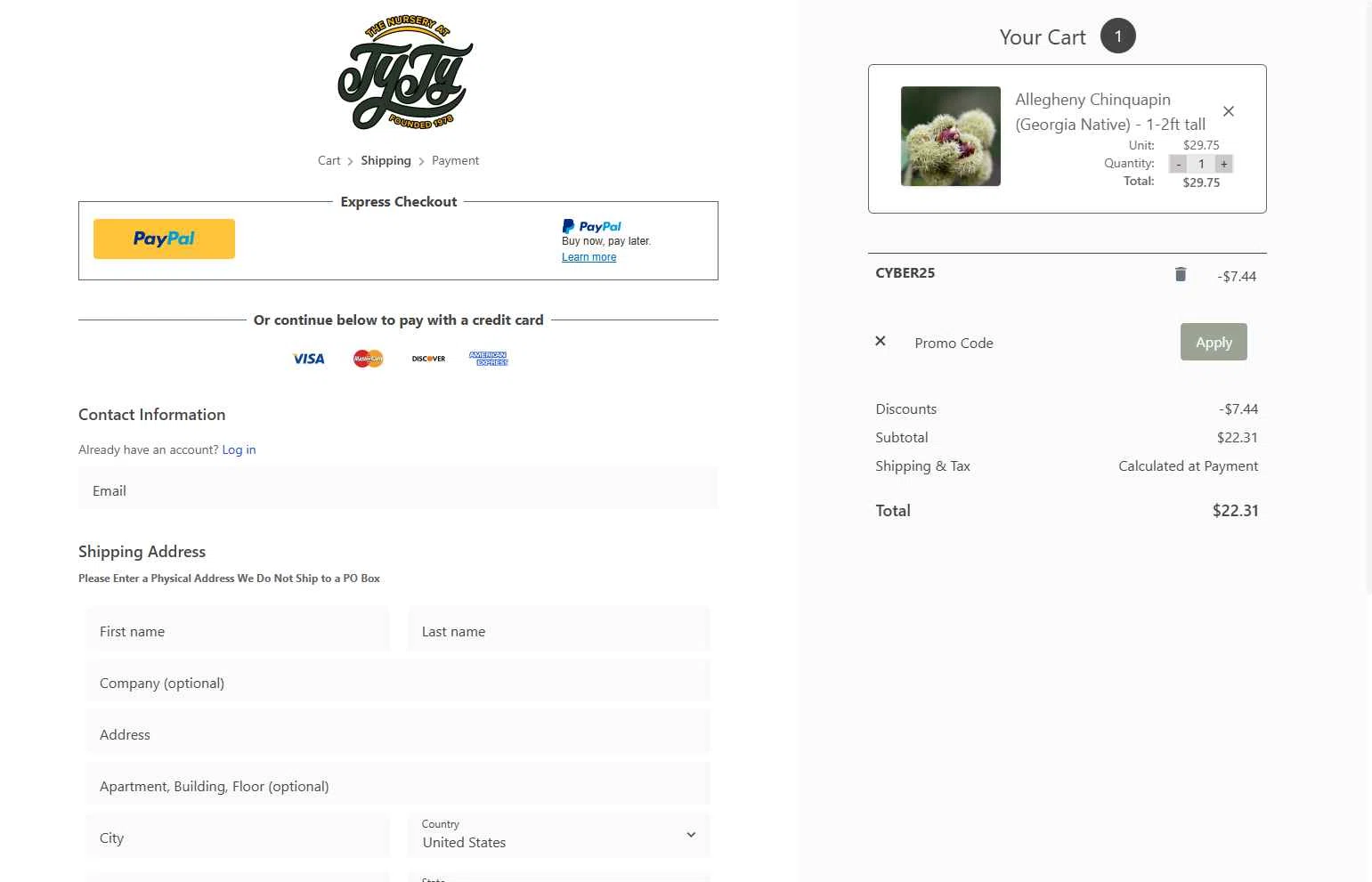 Ty Ty Nursery checkout page showing Ty Ty Nursery coupon code box | Screenshot taken by SimplyCodes community member on Dec 8, 2025