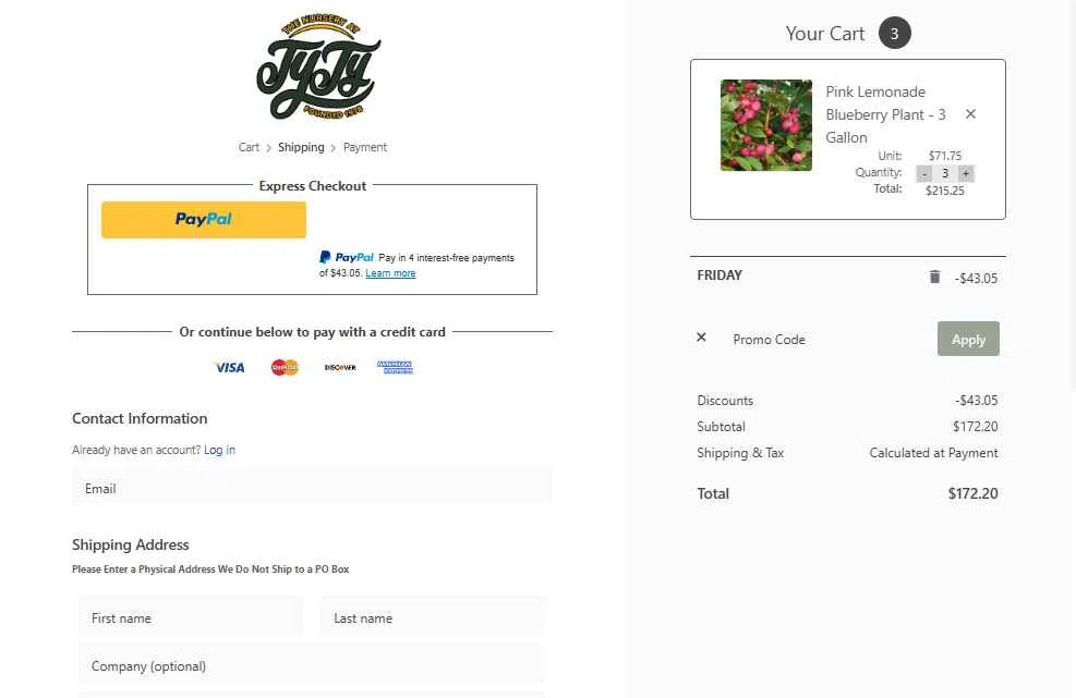 Ty Ty Nursery checkout page showing Ty Ty Nursery coupon code box | Screenshot taken by SimplyCodes community member on Nov 23, 2025