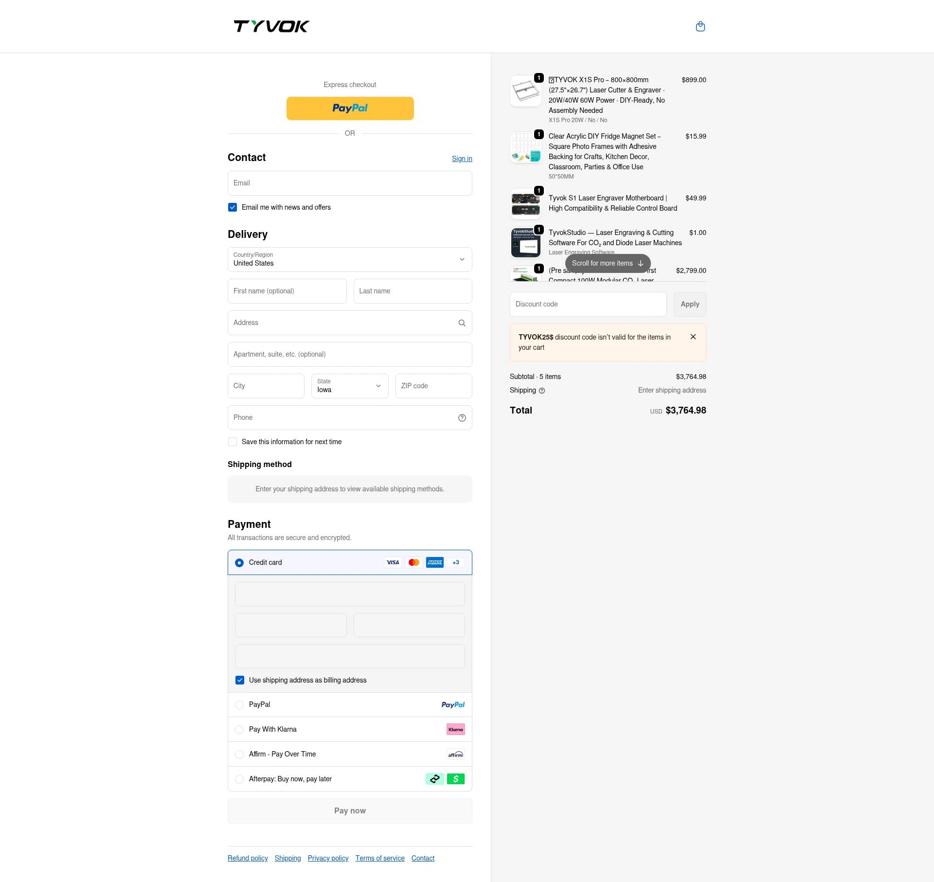 Tyvok Spider Laser checkout page showing Tyvok Spider Laser promo code box | Screenshot taken by SimplyCodes community member on Jan 4, 2026
