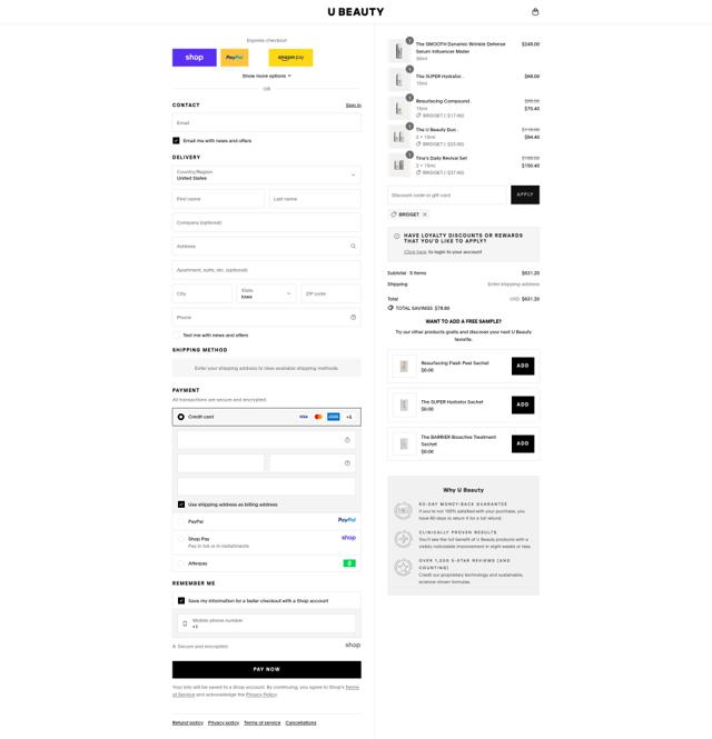U Beauty checkout page showing U Beauty discount code box | Screenshot taken by SimplyCodes community member on Sep 13, 2025