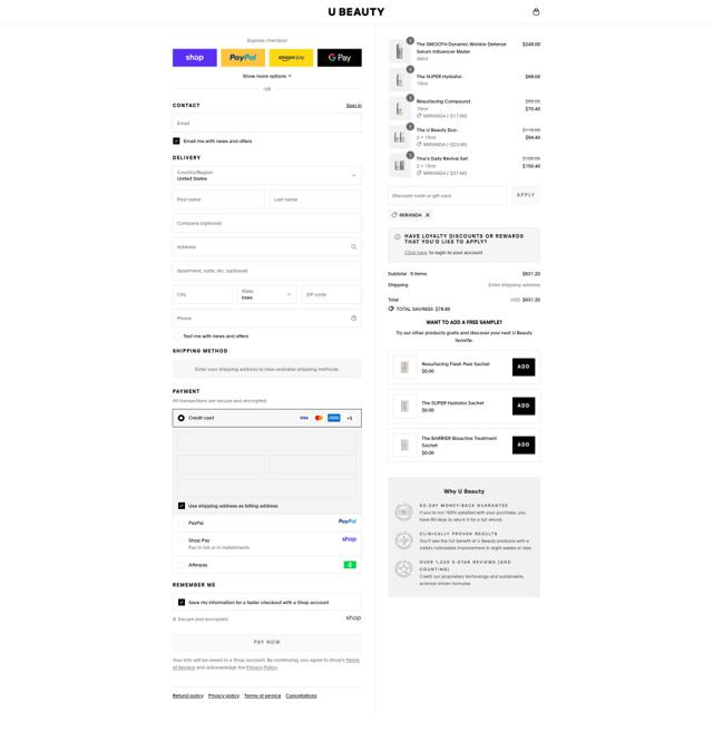 U Beauty checkout page showing U Beauty discount code box | Screenshot taken by SimplyCodes community member on Sep 13, 2025