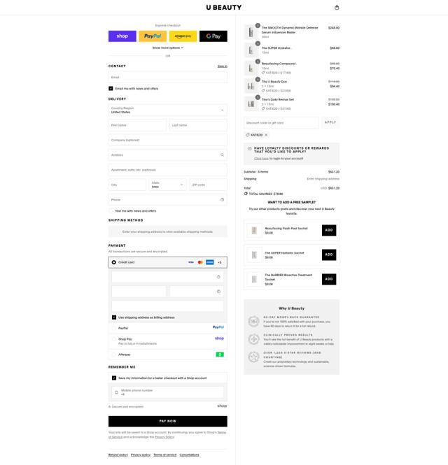 U Beauty checkout page showing U Beauty discount code box | Screenshot taken by SimplyCodes community member on Sep 13, 2025