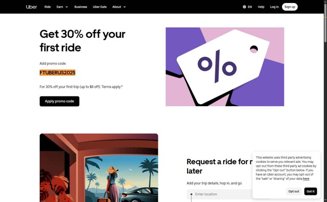 Uber checkout page showing Uber promo code box | Screenshot taken by SimplyCodes community member on Aug 18, 2025