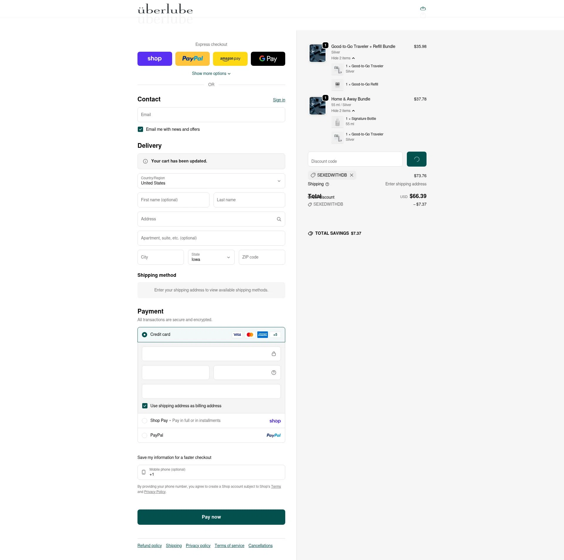 Uberlube checkout page showing Uberlube discount code box | Screenshot taken by SimplyCodes community member on Feb 5, 2026