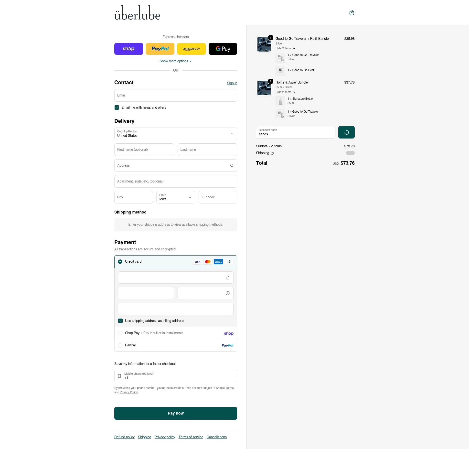 Uberlube checkout page showing Uberlube discount code box | Screenshot taken by SimplyCodes community member on Feb 5, 2026