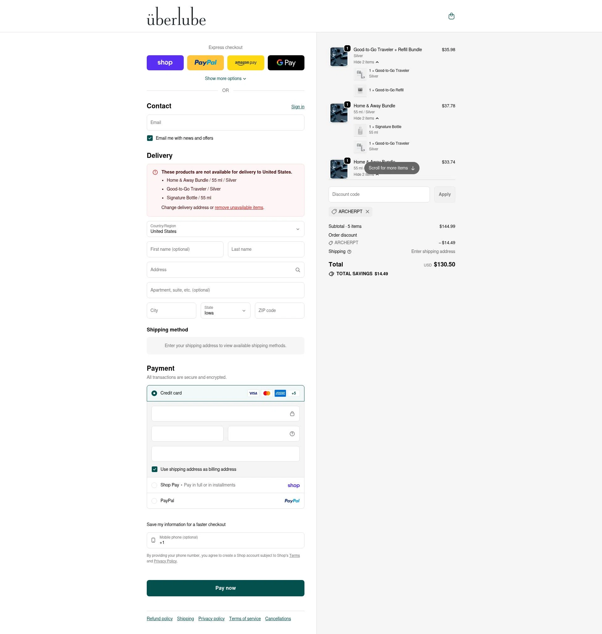 Uberlube checkout page showing Uberlube discount code box | Screenshot taken by SimplyCodes community member on Feb 5, 2026