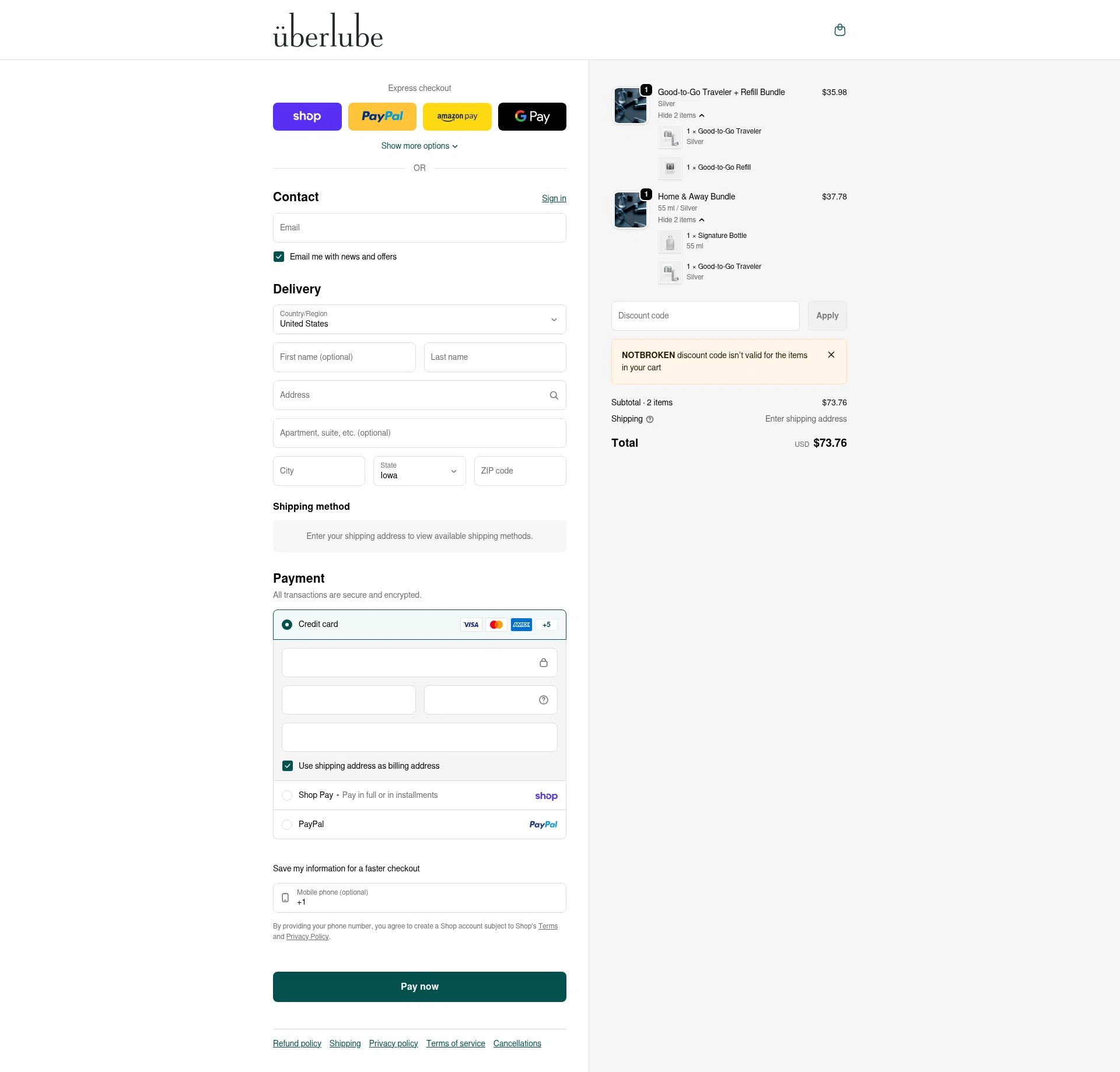 Uberlube checkout page showing Uberlube discount code box | Screenshot taken by SimplyCodes community member on Feb 5, 2026