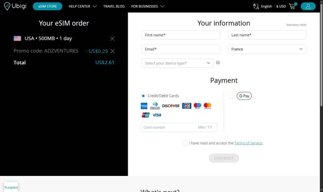 Ubigi eSIM checkout page showing Ubigi eSIM promo code box | Screenshot taken by SimplyCodes community member on Aug 2, 2025