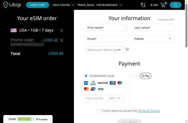Ubigi eSIM checkout page showing Ubigi eSIM promo code box | Screenshot taken by SimplyCodes community member on Aug 5, 2025