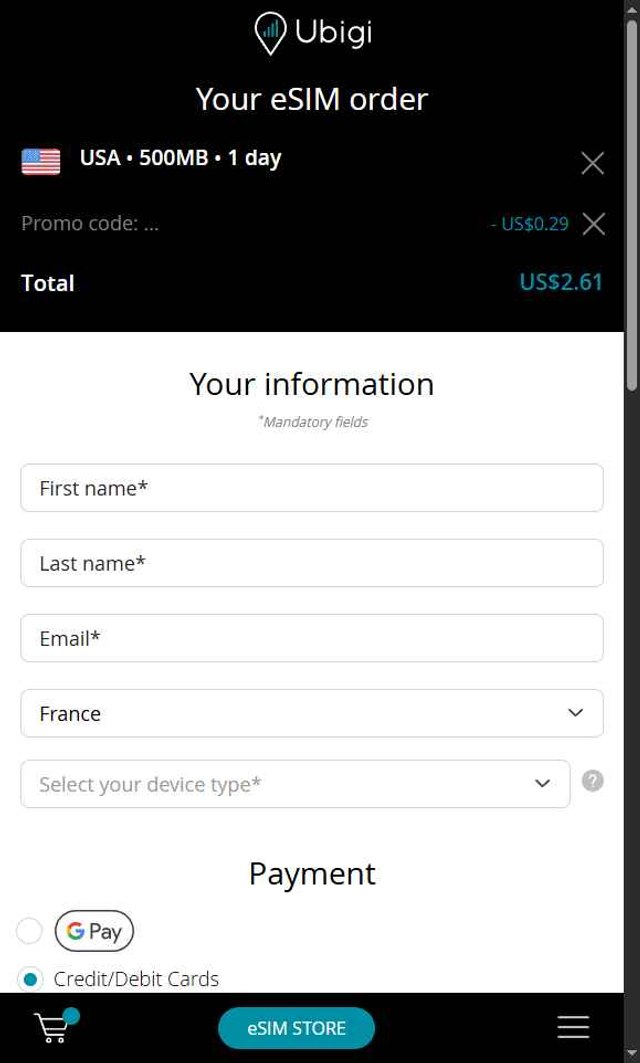 Ubigi eSIM checkout page showing Ubigi eSIM promo code box | Screenshot taken by SimplyCodes community member on Aug 20, 2025