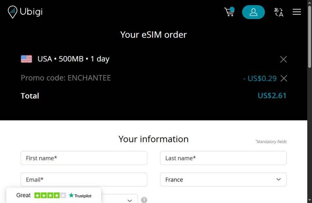 Ubigi eSIM checkout page showing Ubigi eSIM promo code box | Screenshot taken by SimplyCodes community member on Jul 22, 2025