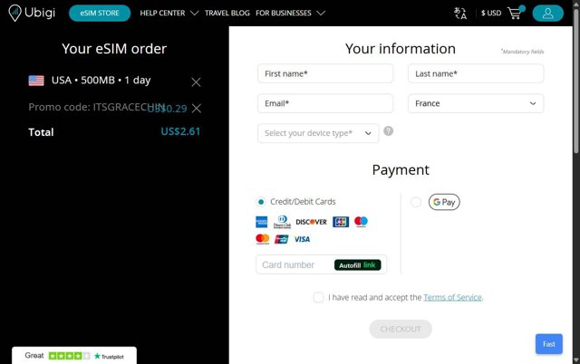 Ubigi eSIM checkout page showing Ubigi eSIM promo code box | Screenshot taken by SimplyCodes community member on Aug 2, 2025