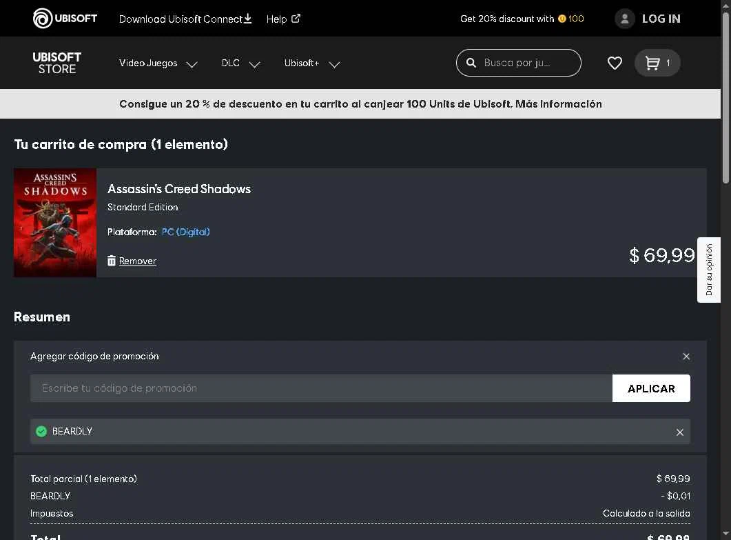 Ubisoft checkout page showing Ubisoft promo code box | Screenshot taken by SimplyCodes community member on Jan 18, 2026