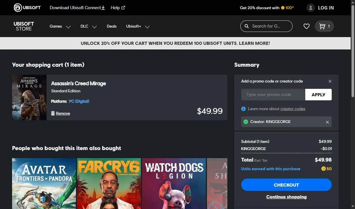Ubisoft checkout page showing Ubisoft promo code box | Screenshot taken by SimplyCodes community member on Feb 10, 2026