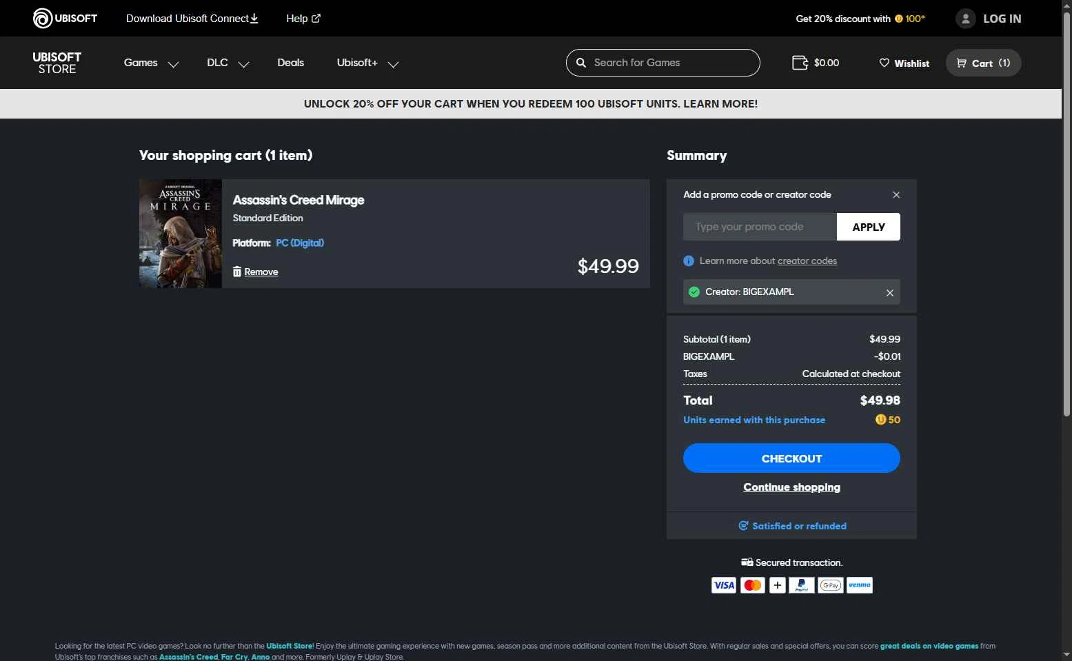 Ubisoft checkout page showing Ubisoft promo code box | Screenshot taken by SimplyCodes community member on Dec 3, 2025