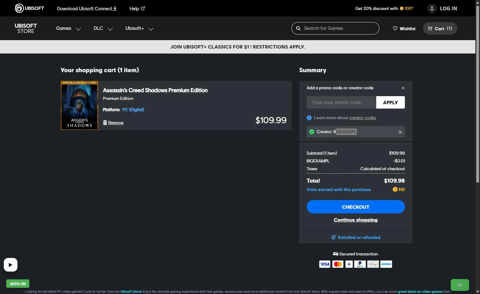Ubisoft checkout page showing Ubisoft promo code box | Screenshot taken by SimplyCodes community member on Jan 18, 2026
