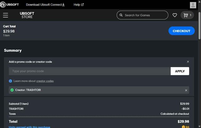 Ubisoft Store checkout page showing Ubisoft Store promo code box | Screenshot taken by SimplyCodes community member on Aug 4, 2025