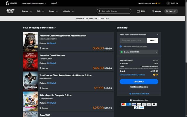 Ubisoft Store checkout page showing Ubisoft Store promo code box | Screenshot taken by SimplyCodes community member on Aug 20, 2025