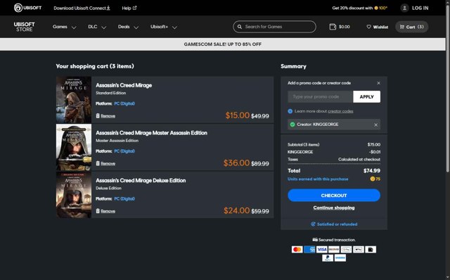 Ubisoft Store checkout page showing Ubisoft Store promo code box | Screenshot taken by SimplyCodes community member on Aug 21, 2025