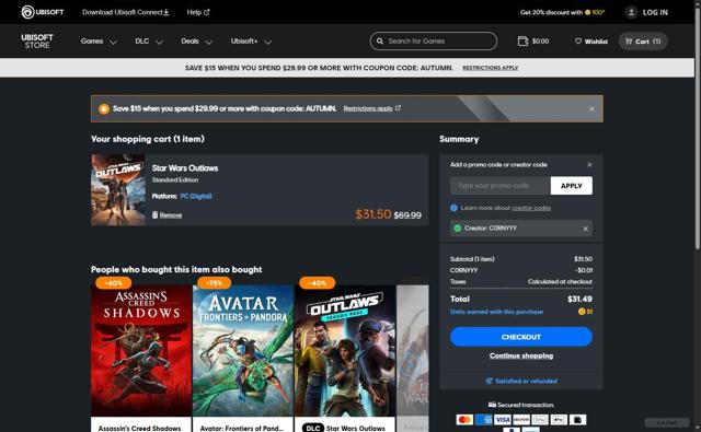 Ubisoft Store checkout page showing Ubisoft Store promo code box | Screenshot taken by SimplyCodes community member on Sep 23, 2025