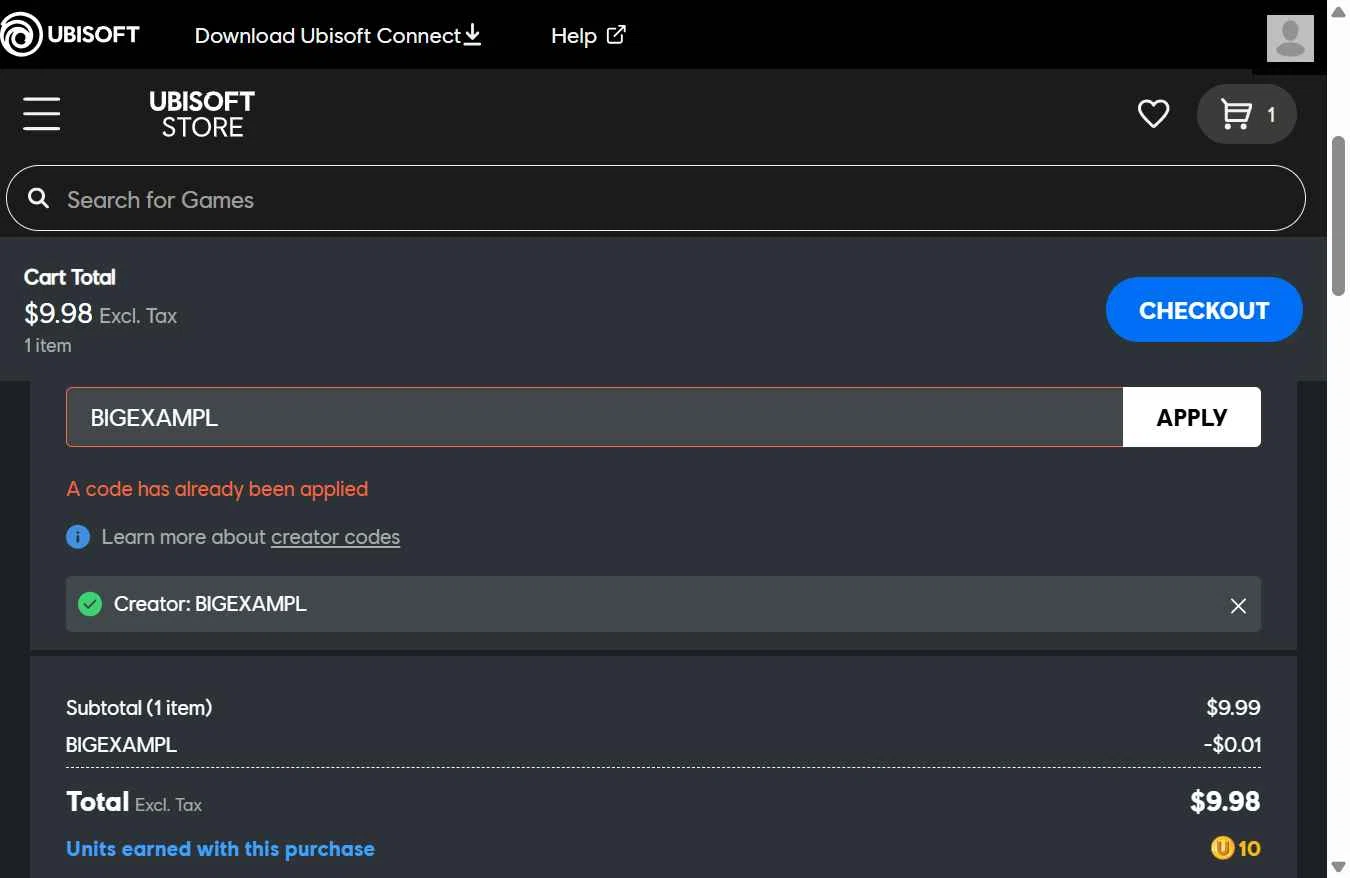 Ubisoft Store checkout page showing Ubisoft Store promo code box | Screenshot taken by SimplyCodes community member on Dec 21, 2025