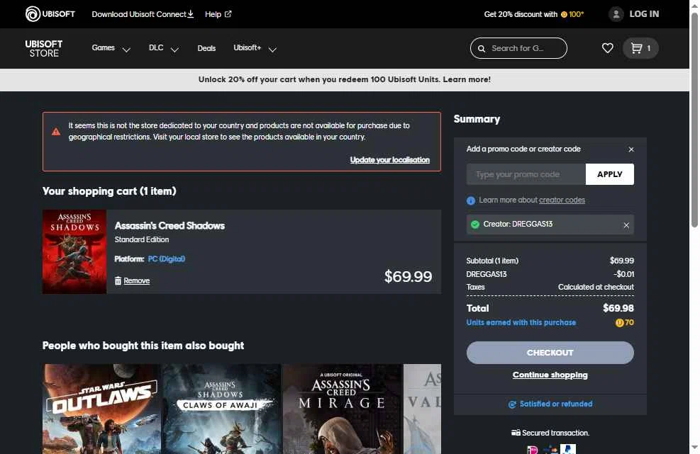 Ubisoft Store checkout page showing Ubisoft Store promo code box | Screenshot taken by SimplyCodes community member on Dec 5, 2025