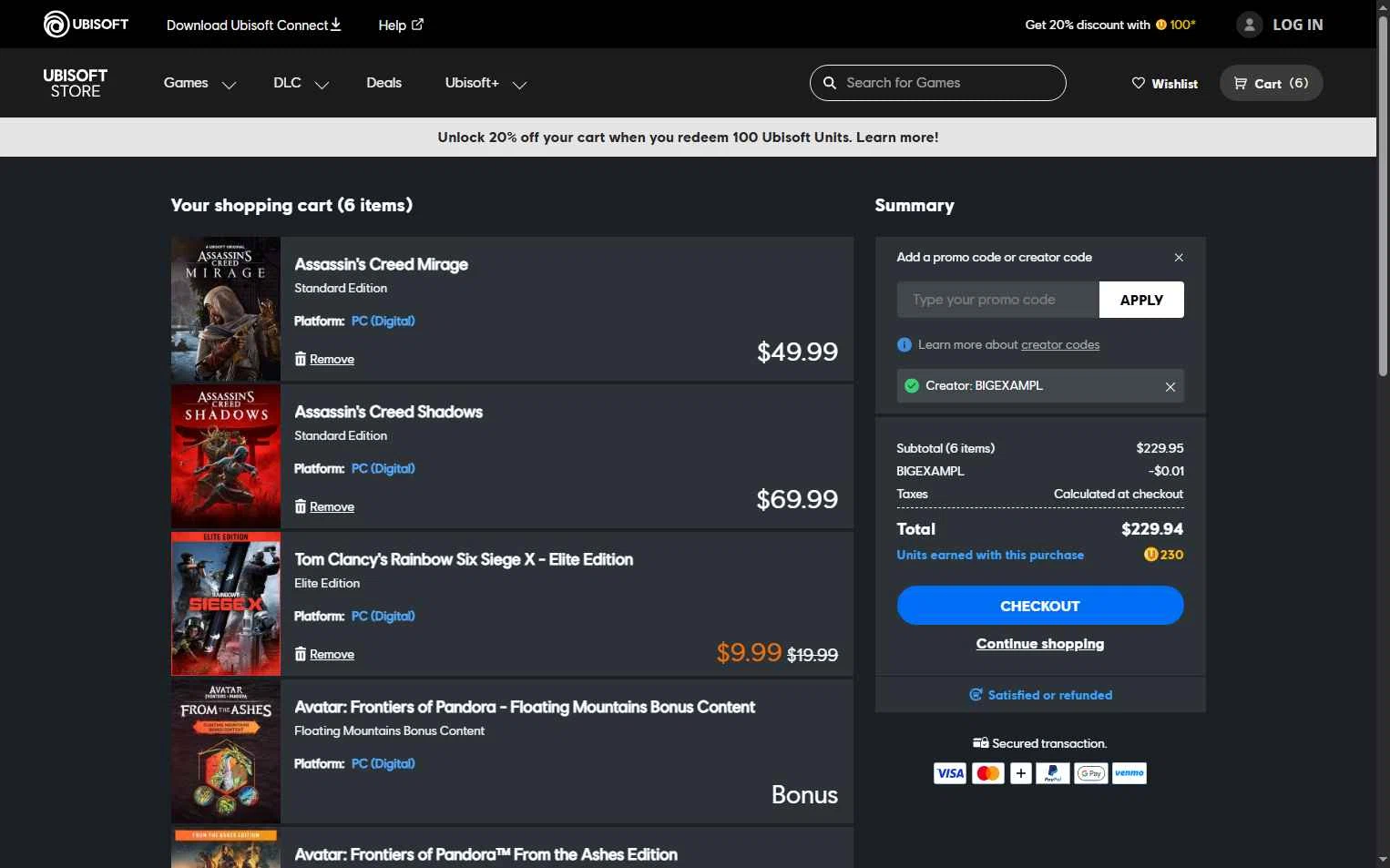 Ubisoft Store checkout page showing Ubisoft Store promo code box | Screenshot taken by SimplyCodes community member on Dec 10, 2025