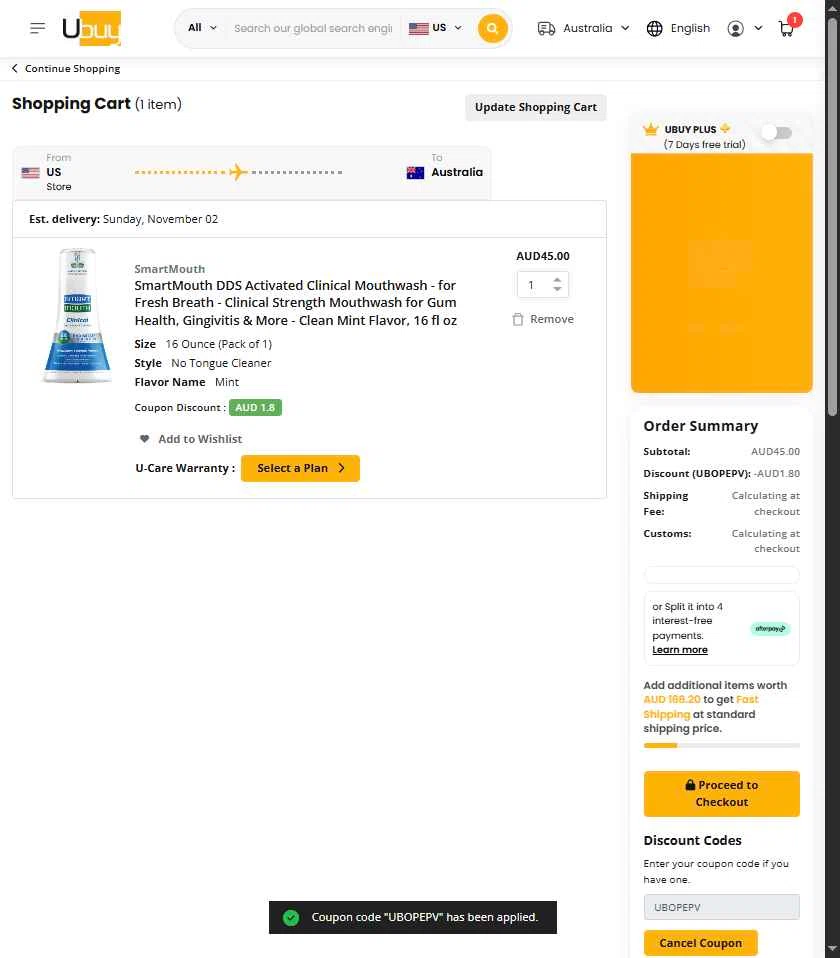 Ubuy Australia checkout page showing Ubuy Australia discount code box | Screenshot taken by SimplyCodes community member on Oct 25, 2025