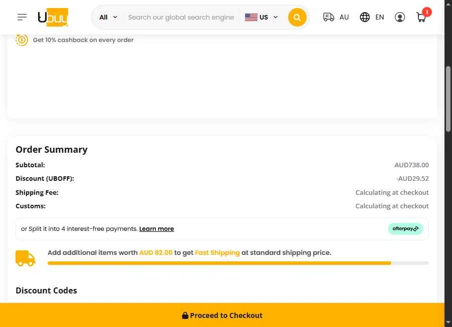 Ubuy Australia checkout page showing Ubuy Australia discount code box | Screenshot taken by SimplyCodes community member on Aug 6, 2025