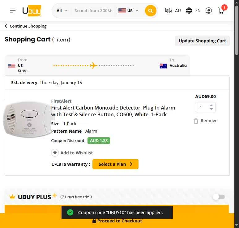 Ubuy Australia checkout page showing Ubuy Australia discount code box | Screenshot taken by SimplyCodes community member on Jan 7, 2026