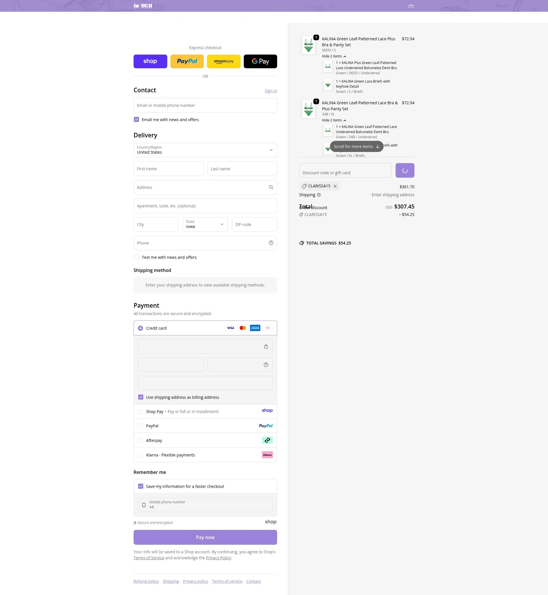 UCA Lingerie checkout page showing UCA Lingerie promo code box | Screenshot taken by SimplyCodes community member on Dec 26, 2025