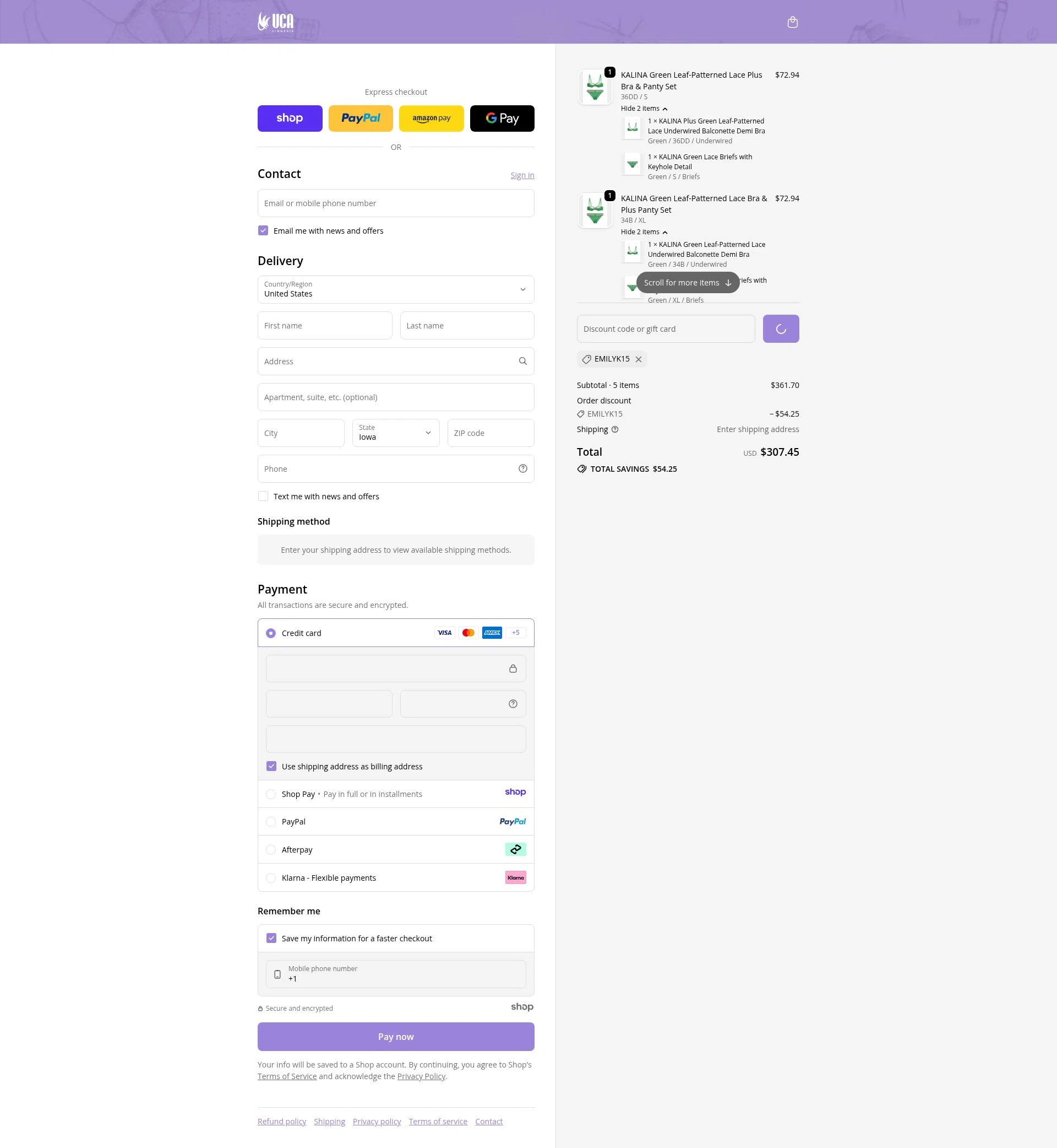 UCA Lingerie checkout page showing UCA Lingerie promo code box | Screenshot taken by SimplyCodes community member on Dec 31, 2025