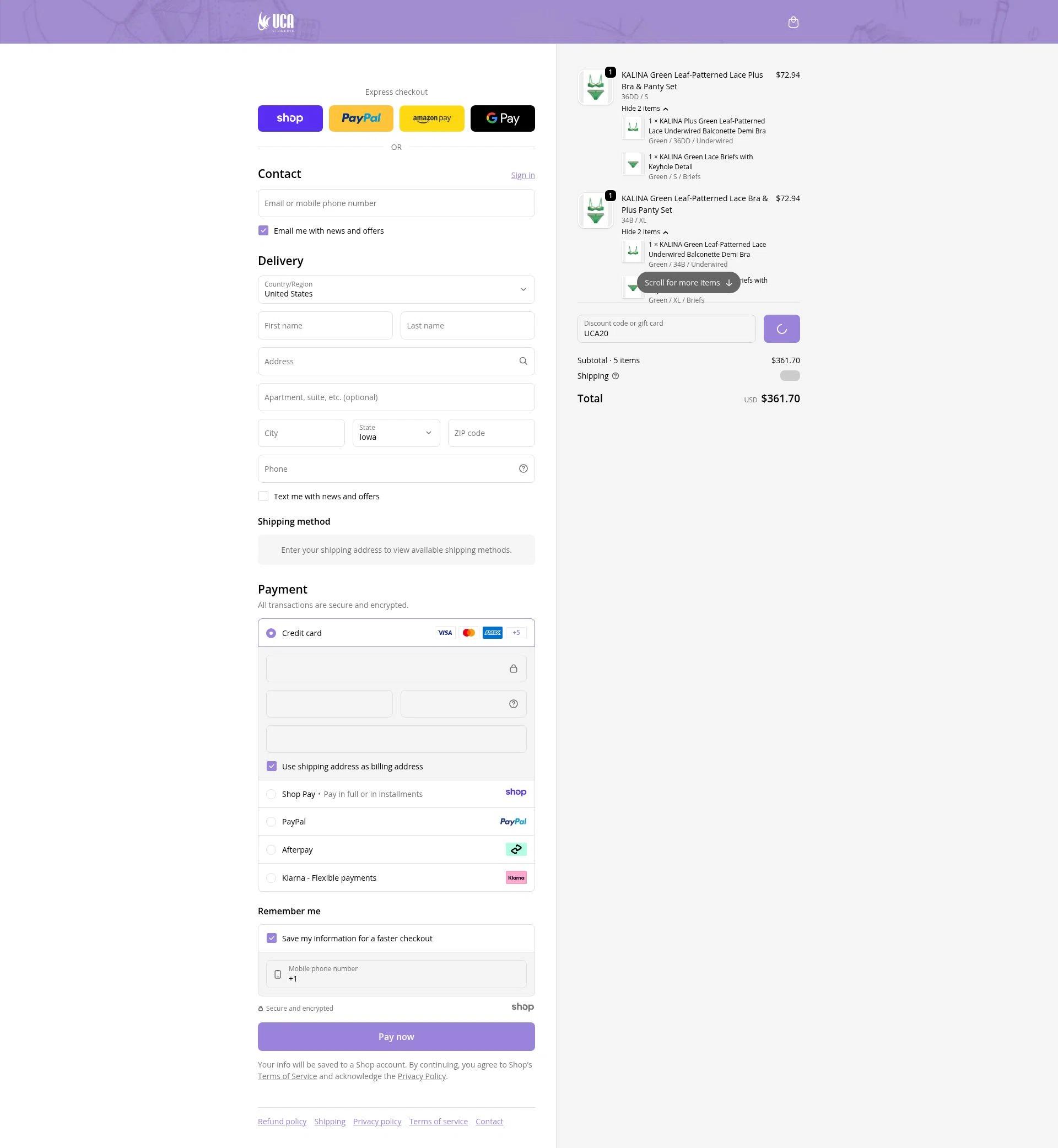 UCA Lingerie checkout page showing UCA Lingerie promo code box | Screenshot taken by SimplyCodes community member on Dec 26, 2025