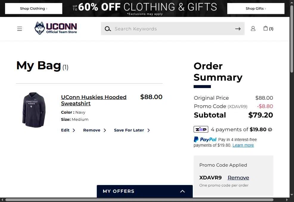 UConn Huskies checkout page showing UConn Huskies promo code box | Screenshot taken by SimplyCodes community member on Dec 31, 2025