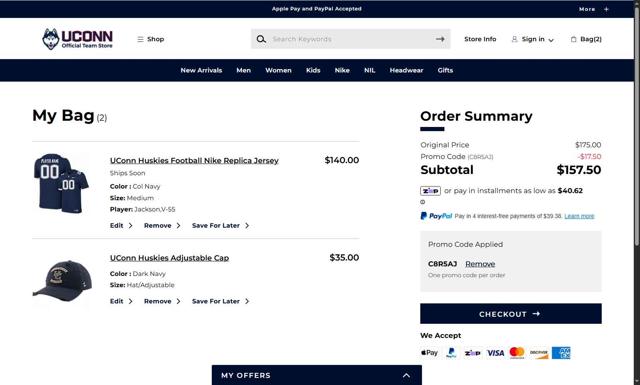 UConn Huskies checkout page showing UConn Huskies promo code box | Screenshot taken by SimplyCodes community member on Sep 13, 2025