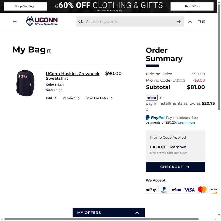 UConn Huskies checkout page showing UConn Huskies promo code box | Screenshot taken by SimplyCodes community member on Dec 31, 2025