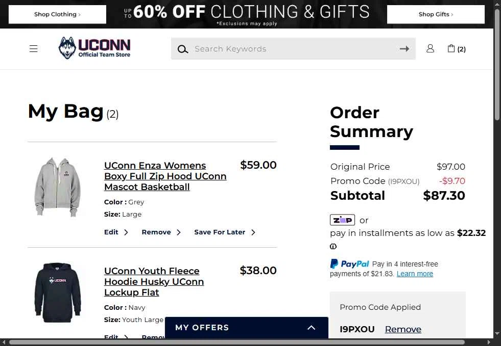 UConn Huskies checkout page showing UConn Huskies promo code box | Screenshot taken by SimplyCodes community member on Dec 30, 2025