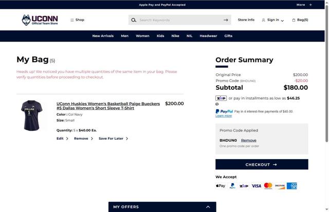 UConn Huskies checkout page showing UConn Huskies promo code box | Screenshot taken by SimplyCodes community member on Sep 9, 2025